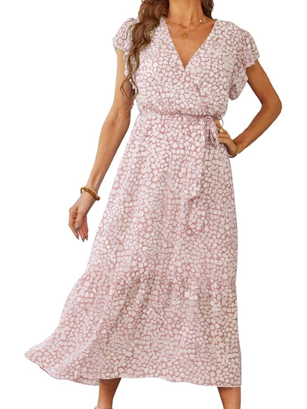 Feminine Light Pink Printed Wrap Midi Dress with Tie Waist
